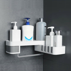 corner mounted shower organizer shelf on gray wall 800x800