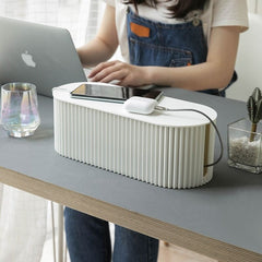 white plug board cable storage box on desk 800x800